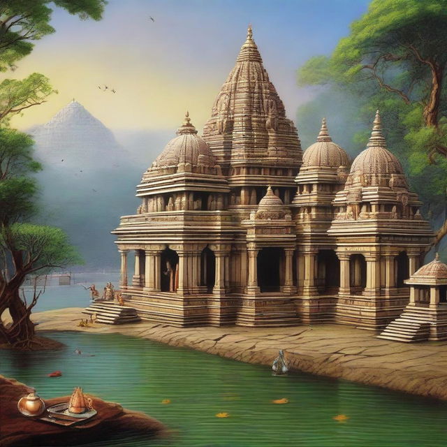 A captivating image of the distant Jagat temple of Dwarika with Lord Krishna meditatively seated, half-opening his eyelids. Sacred objects, a conch shell, Sudarshan Chakra, and mace lie near him. The scenery is dotted with venerable buildings exhibiting intricate carvings, and alongside, the River Gomati flows peacefully.