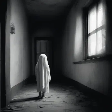 In the eerie silence of the haunted house, the ghostly figure of a child could be heard puling weakly in the distance.