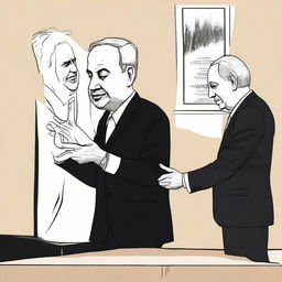 Illustration of a symbolic moment, Benjamin Netanyahu extending a hand in forgiveness towards a representative figure of Palestine.