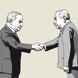 Illustration of a symbolic moment, Benjamin Netanyahu extending a hand in forgiveness towards a representative figure of Palestine.