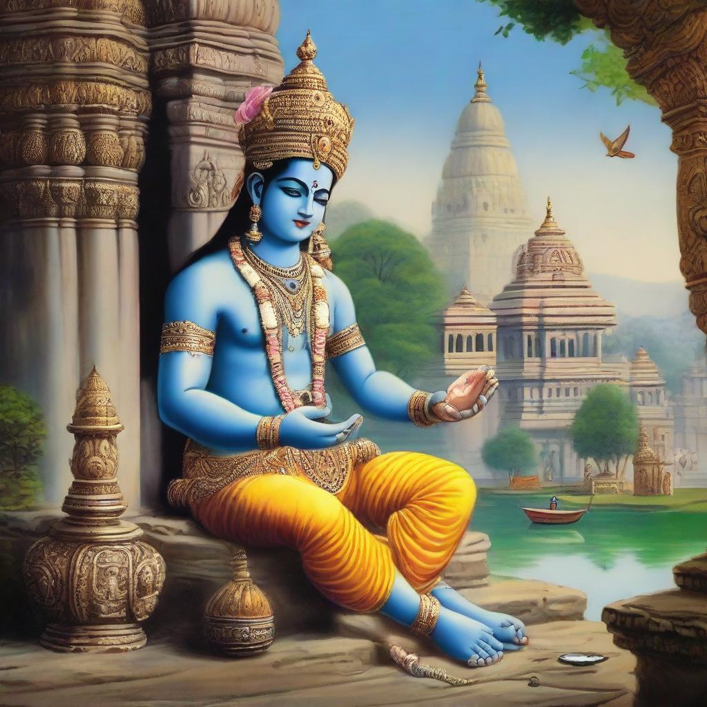 A picturesque scene of Lord Krishna meditatively seated, his eyelids half-open with a conch shell, Sudarshan Chakra and mace by his side. The surroundings are aesthetically pleasing, filled with old structures decorated with ornate carvings, alongside the tranquil River Gomati. In the distance, the Jagat temple of Dwarika adds to the grandeur.