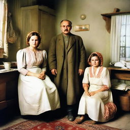 A historical depiction of a family living in the Soviet Union era, dressed in typical clothing and situated in their simple, Soviet-style living quarters.