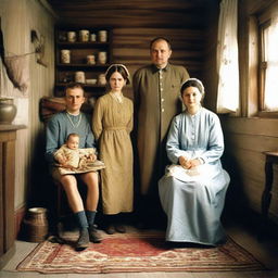 A historical depiction of a family living in the Soviet Union era, dressed in typical clothing and situated in their simple, Soviet-style living quarters.