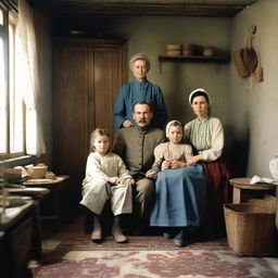 A historical depiction of a family living in the Soviet Union era, dressed in typical clothing and situated in their simple, Soviet-style living quarters.