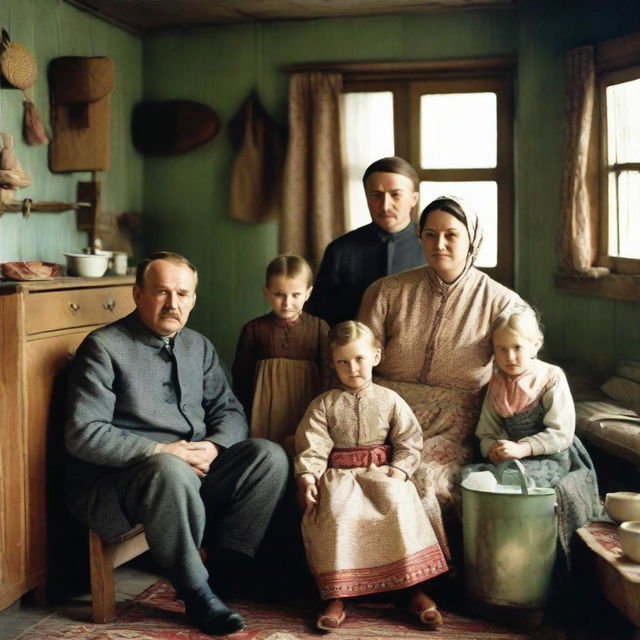 A historical depiction of a family living in the Soviet Union era, dressed in typical clothing and situated in their simple, Soviet-style living quarters.