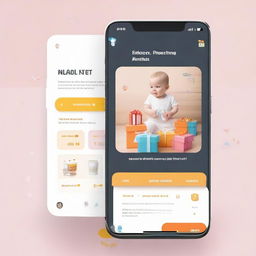 Image representation of a mobile application interface advertising exclusive contests and draw to win special gifts for babies, showcasing unique products, childcare items, and more surprises