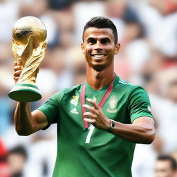 Generate an image of Cristiano Ronaldo, the football player, joyously holding the FIFA World Cup trophy