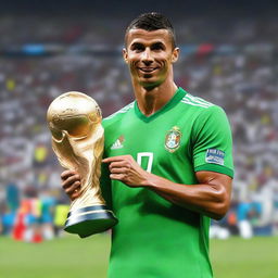 Generate an image of Cristiano Ronaldo, the football player, joyously holding the FIFA World Cup trophy