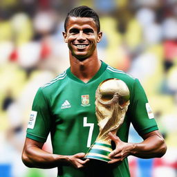 Generate an image of Cristiano Ronaldo, the football player, joyously holding the FIFA World Cup trophy