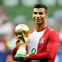 Generate an image of Cristiano Ronaldo, the football player, joyously holding the FIFA World Cup trophy