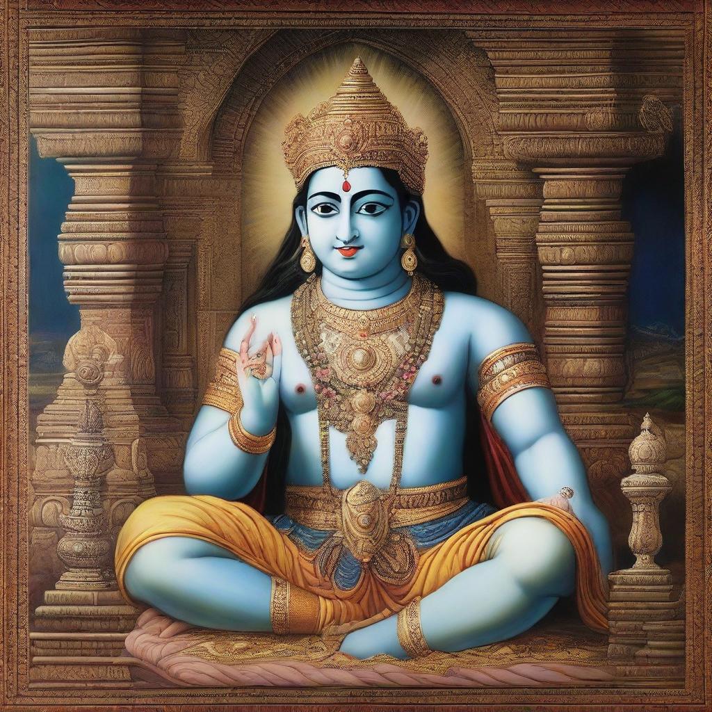 A painting portraying Lord Krishna in a serene posture, eyelids half-closed, surrounded by his divine attributes - a conch shell, Sudarshan Chakra, and mace. The immersive scene includes charming, intricate-carved ancient places, with the Gomati river flowing in harmony and the distant Jagat temple of Dwarika completing the panorama.