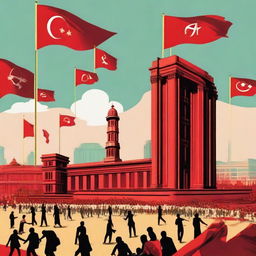 Imaginary depiction of Bangladesh under a communist regime, embodying socialist architecture, red flags with hammar and sickle, and people unified in the central square.