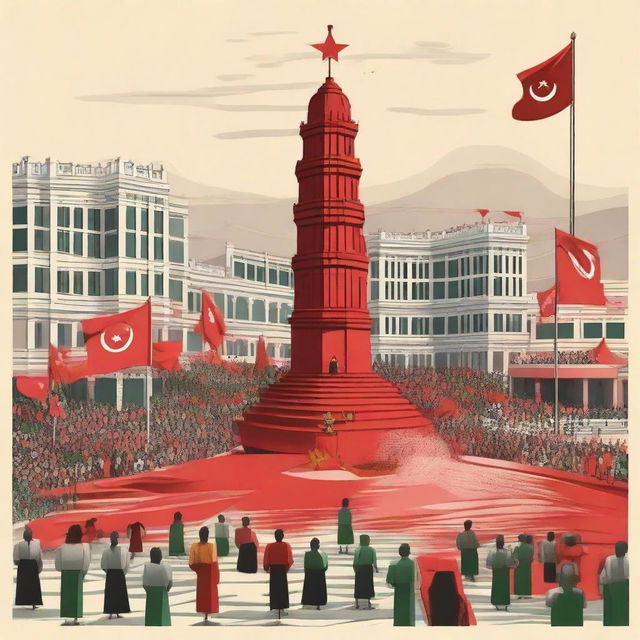 Imaginary depiction of Bangladesh under a communist regime, embodying socialist architecture, red flags with hammar and sickle, and people unified in the central square.