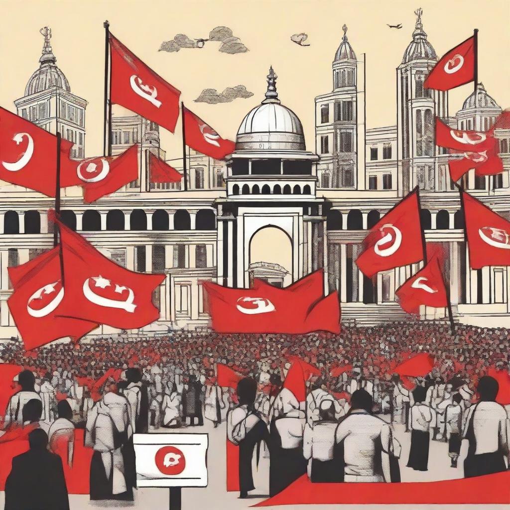 Imaginary depiction of Bangladesh under a communist regime, embodying socialist architecture, red flags with hammar and sickle, and people unified in the central square.