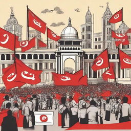 Imaginary depiction of Bangladesh under a communist regime, embodying socialist architecture, red flags with hammar and sickle, and people unified in the central square.