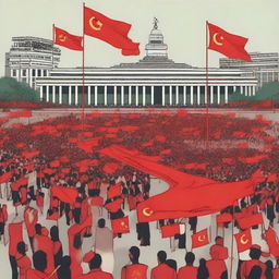 Imaginary depiction of Bangladesh under a communist regime, embodying socialist architecture, red flags with hammar and sickle, and people unified in the central square.