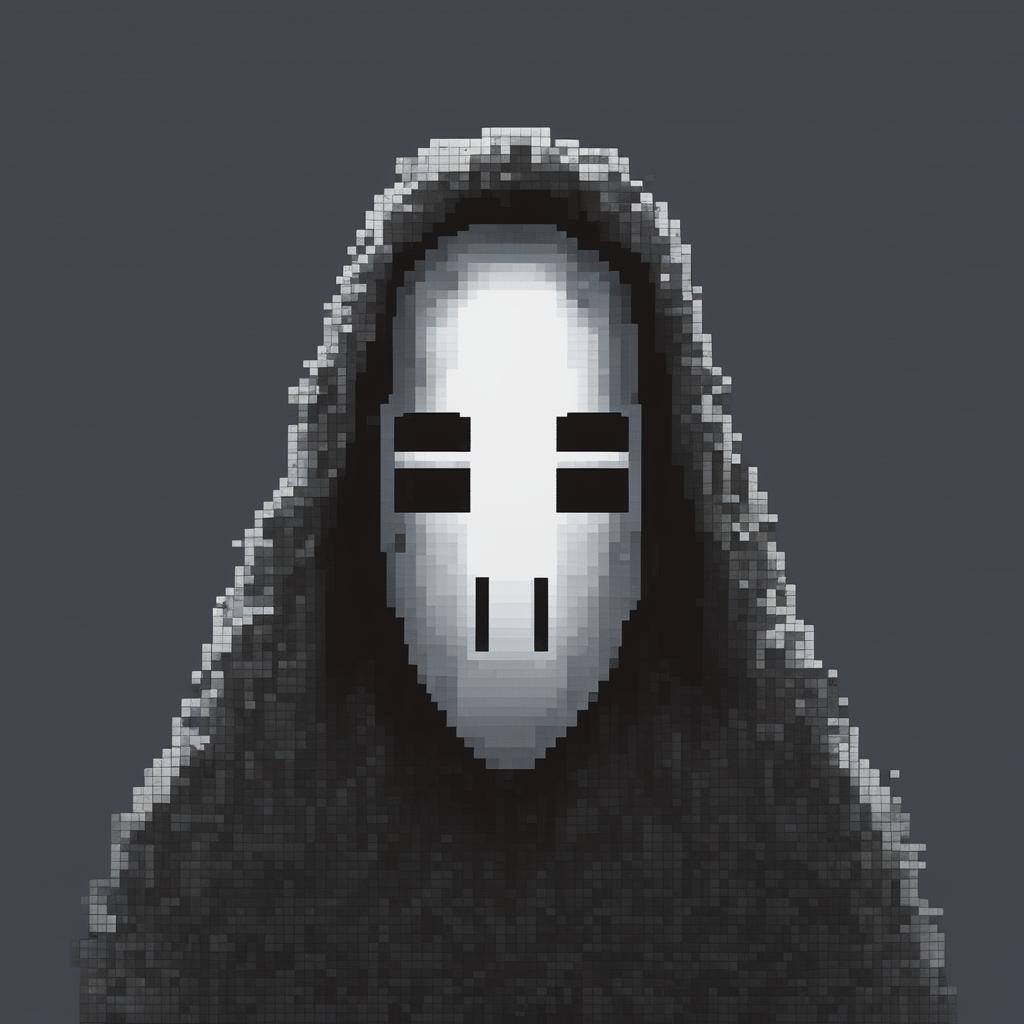 A 32x32 pixel art image of No-Face from 'Spirited Away', with the character's form and mask rendered in black and grey pixels