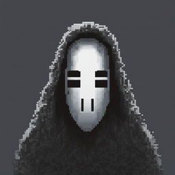 A 32x32 pixel art image of No-Face from 'Spirited Away', with the character's form and mask rendered in black and grey pixels