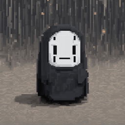 A 32x32 pixel art image of No-Face from 'Spirited Away', with the character's form and mask rendered in black and grey pixels