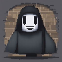 A 32x32 pixel art image of No-Face from 'Spirited Away', with the character's form and mask rendered in black and grey pixels