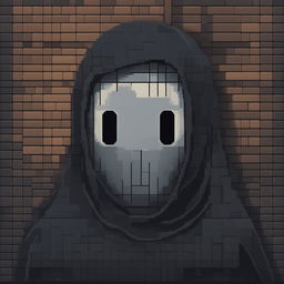 A 32x32 pixel art image of No-Face from 'Spirited Away', with the character's form and mask rendered in black and grey pixels