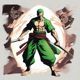 Dynamic image of Zoro, a character from One Piece anime, depicted in his powerful Asura style, with added features reminiscent of the fierce deity.