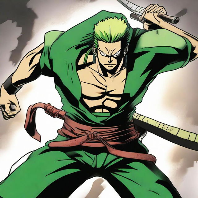 Dynamic image of Zoro, a character from One Piece anime, depicted in his powerful Asura style, with added features reminiscent of the fierce deity.