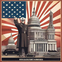 Alternate history illustration of America under Nazi control featuring elements such as the mix of iconic American landmarks with Nazi symbols.