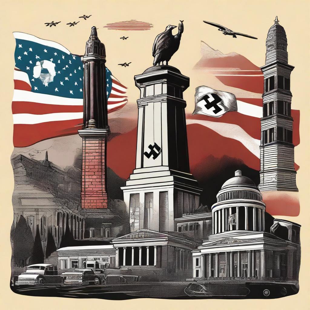 Alternate history illustration of America under Nazi control featuring elements such as the mix of iconic American landmarks with Nazi symbols.