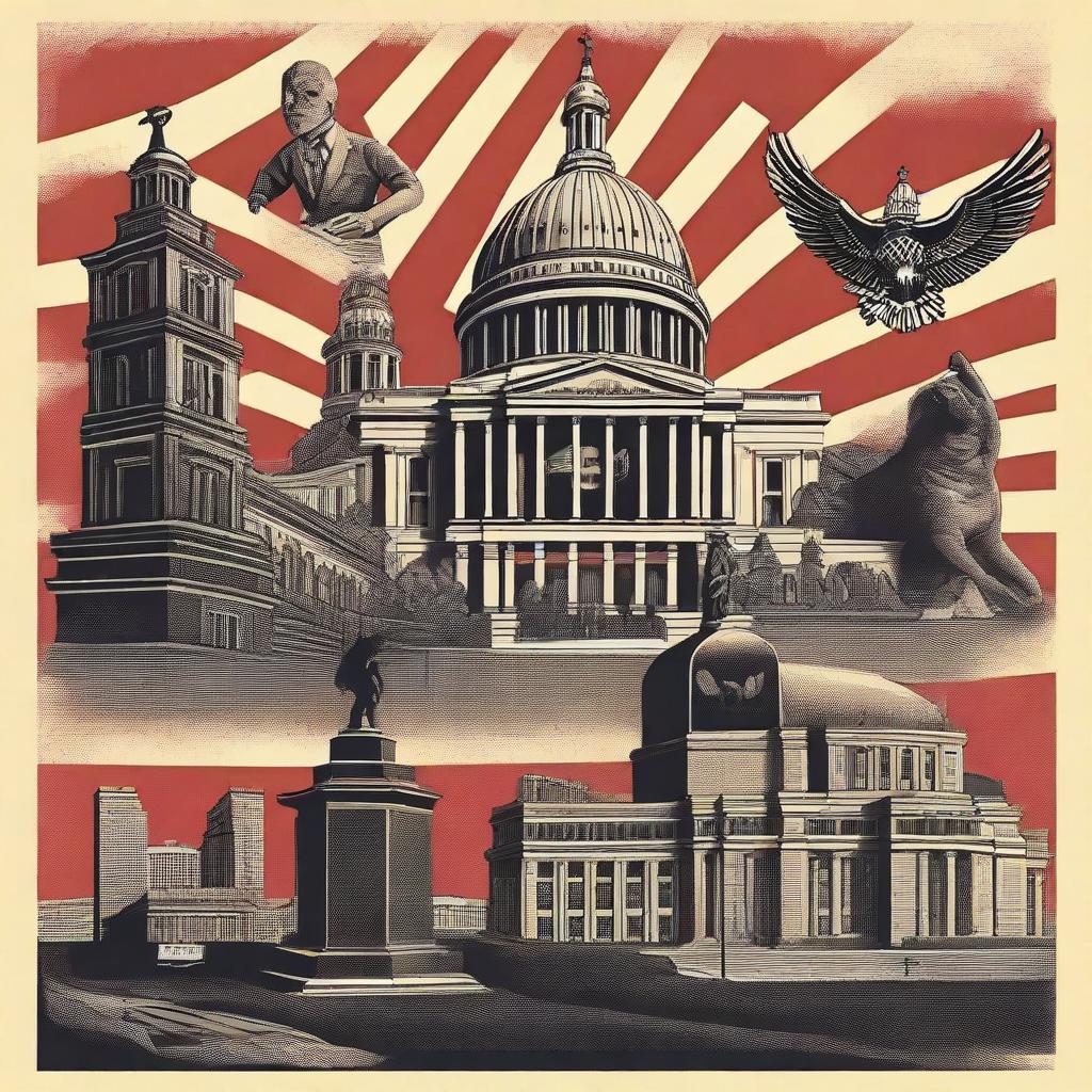 Alternate history illustration of America under Nazi control featuring elements such as the mix of iconic American landmarks with Nazi symbols.