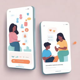 A visually engaging image depicting an application interface that fosters community support by allowing mothers to connect, share advice and experiences, and create a supportive community