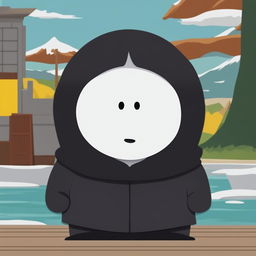 No-Face from 'Spirited Away' is depicted in the style of 'South Park'