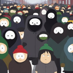 No-Face from 'Spirited Away' is depicted in the style of 'South Park'