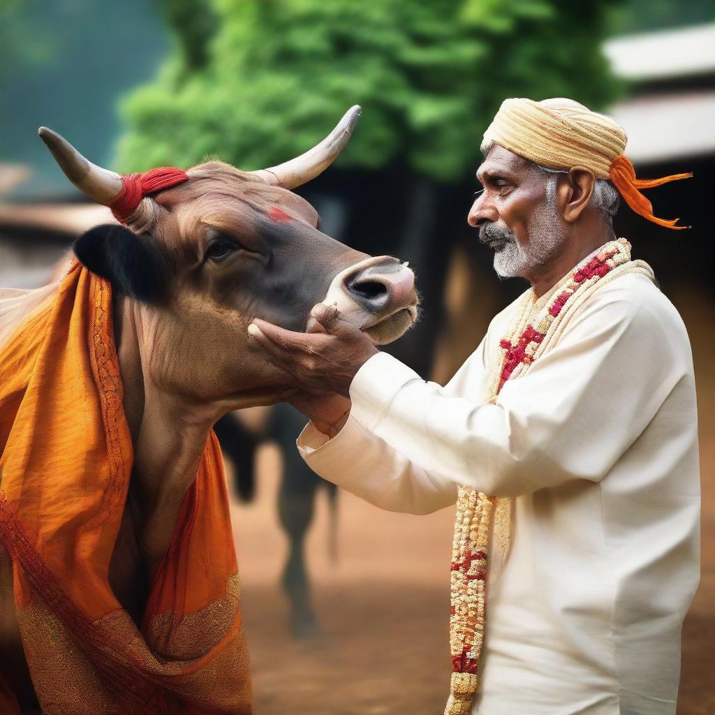 An Indian man in traditional attire performing a respectful gesture towards a cow as a symbol of worship.