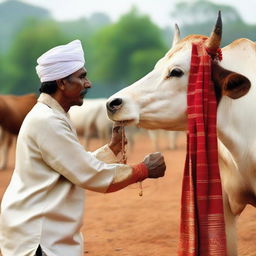 An Indian man in traditional attire performing a respectful gesture towards a cow as a symbol of worship.