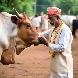 An Indian man in traditional attire performing a respectful gesture towards a cow as a symbol of worship.