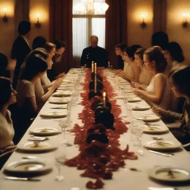 In the horror movie, the protagonist stumbled upon a prix fixe dinner party hosted by a mysterious cult.