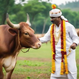 An Indian man in traditional attire performing a respectful gesture towards a cow as a symbol of worship.