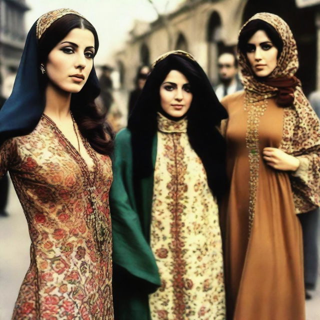 Historical portrayal of Iranian women before the revolution, showcasing modern, diverse styles of the late 1970s Iran.