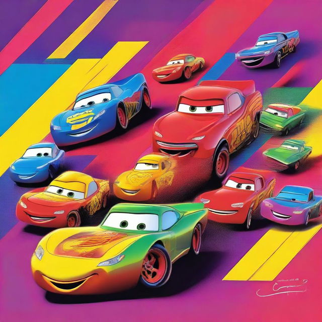 A creative movie poster for an imaginary Disney Pixar 'Cars 4', with vibrant colors, featuring beloved Cars characters in dynamic racing poses.