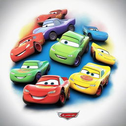 A creative movie poster for an imaginary Disney Pixar 'Cars 4', with vibrant colors, featuring beloved Cars characters in dynamic racing poses.