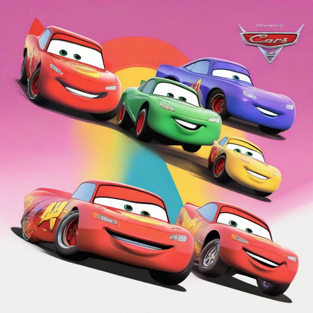 A creative movie poster for an imaginary Disney Pixar 'Cars 4', with vibrant colors, featuring beloved Cars characters in dynamic racing poses.