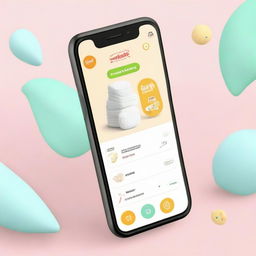 Render of a mobile app screen displaying visually appealing presentations of sale points with attractive promotions on baby diaper products