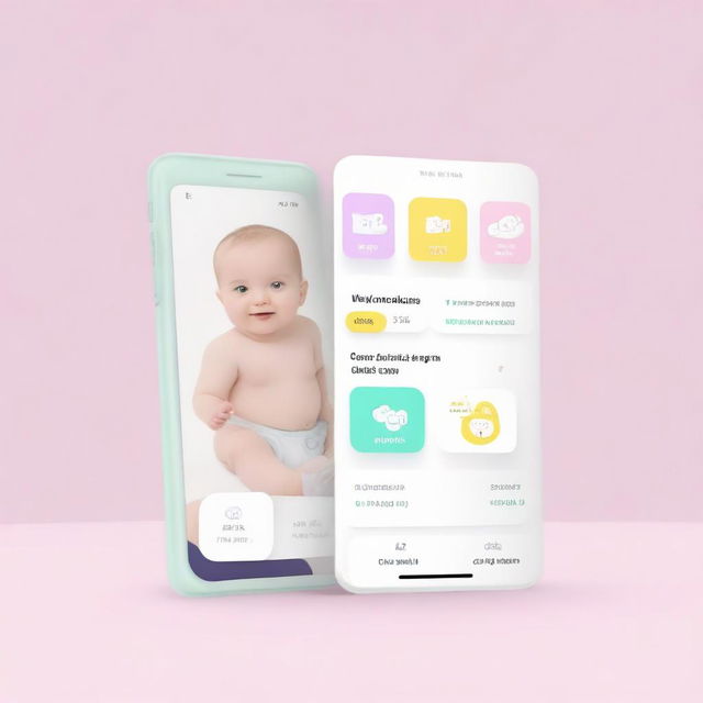 Render of a mobile app screen displaying visually appealing presentations of sale points with attractive promotions on baby diaper products