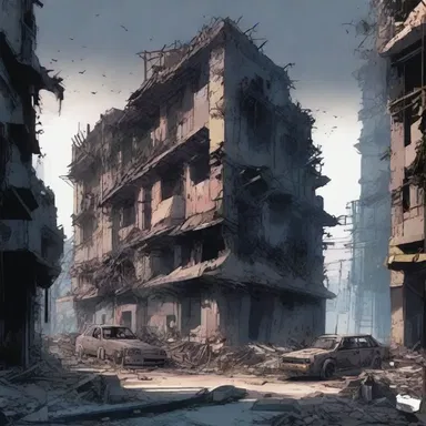 In the dark post-apocalyptic world of the anime, the despoiled city lay in ruins, a harsh reminder of the violence that once consumed it.