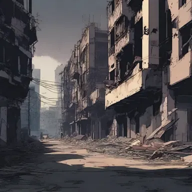 In the dark post-apocalyptic world of the anime, the despoiled city lay in ruins, a harsh reminder of the violence that once consumed it.