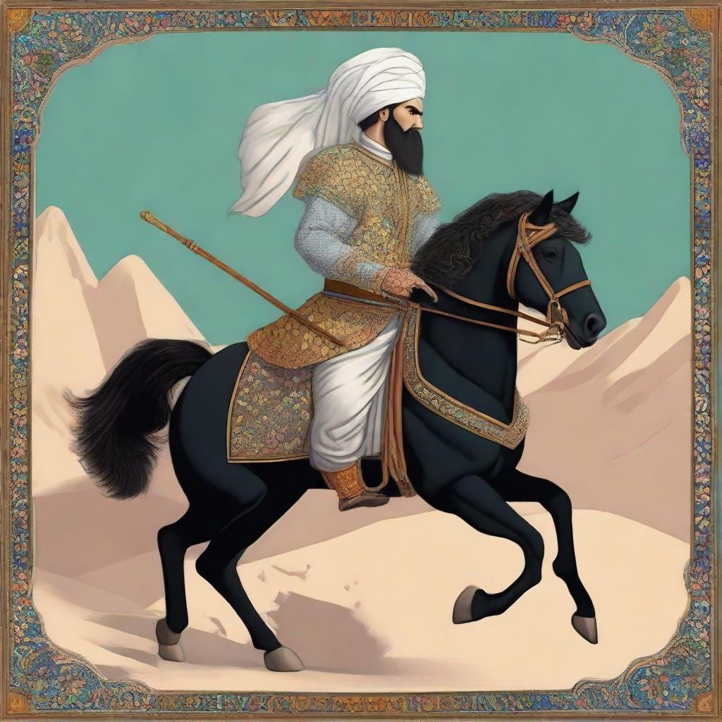 A detailed and striking portrayal of the character Garshasp, showcasing his distinguished features and heroic attributes inspired from the Shahnameh.