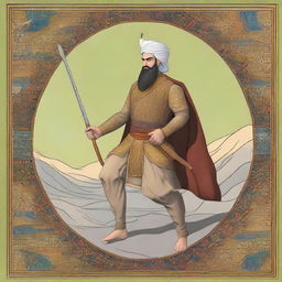 A detailed and striking portrayal of the character Garshasp, showcasing his distinguished features and heroic attributes inspired from the Shahnameh.