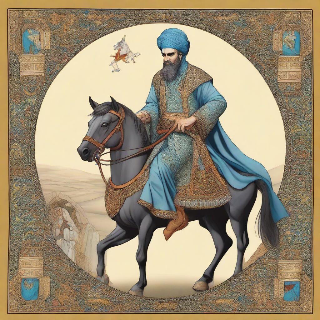 A detailed and striking portrayal of the character Garshasp, showcasing his distinguished features and heroic attributes inspired from the Shahnameh.