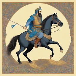 A detailed and striking portrayal of the character Garshasp, showcasing his distinguished features and heroic attributes inspired from the Shahnameh.